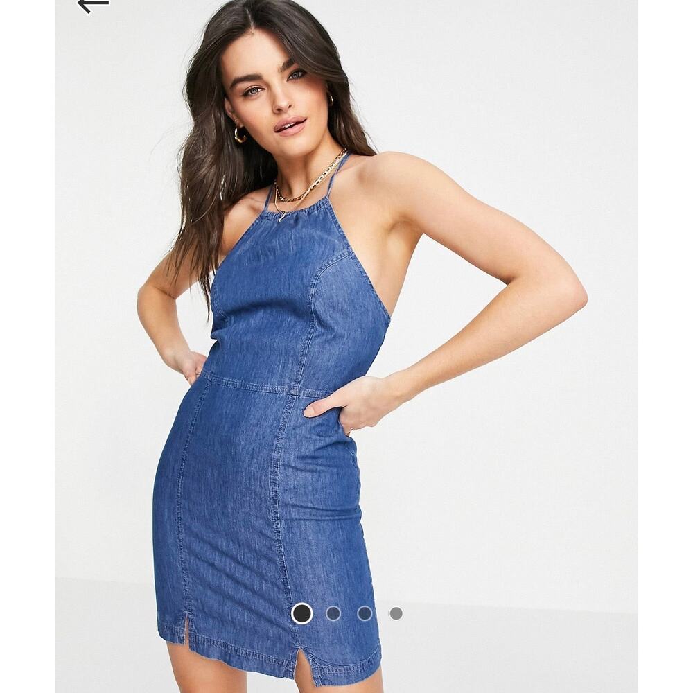 ASOS Lightweight Soft Denim Halter Slip Dress Criss Cross Straps EUC Sz 12 Mini - Picture 14 of 16